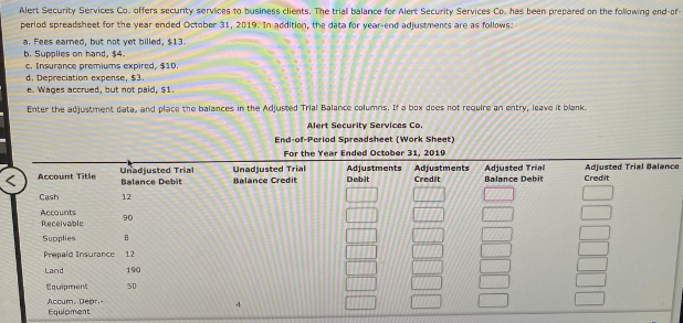 Alert Security Services Co. offers security services to business clients. The trial balance for Alert Security Services Co. has been prepared on the following end-or-
period spreadsheet for the year ended Octaber 31, 2019. In addition, the data for year-end adjustments are as follows:
a. Fees earned, but not yet billed, $13.
b. Supplies on hand, $4.
C. Insurance premiums expired, $10.
d. Depreciation expense, $3.
e. Wages accrued, but not paid, $1.
Enter the adjustment data, and place the balances in the Adjusted Trial Balance columns. If a box does not require an entry, leave it blank.
Alert Security Services Co.
End-of-Period Spreadsheet (Work Sheet)
For the Year Ended October 31, 2019
Adjusted Trial Balance
Credit
Unadjusted Trial
Unadjusted Trial
Adjustments Adjustments
Adjusted Trial
Account Title
Balance Debit
Balance Credit
Debit
Credit
Balance Debit
Cash
12
Accounts
90
Receivable
Supplies
B
paid Insurance
12
Land
190
Equipment
50
Accum. Depr.-
Equioment
