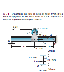 13-34. Determine the state of stress at point B when the
beam is subjected to the cable force of 4 kN. Indicate the
result as a differential volume element.
4 kN
-250 mm
375 mm
-2 m
1m-
0.75 m
20 mm
100 mmt
15 mm-
BE
20 mm
150 mm
