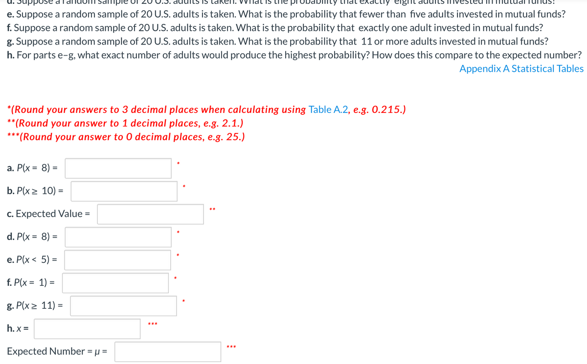 uppose a
Obabinty
eight
e. Suppose a random sample of 20 U.S. adults is taken. What is the probability that fewer than five adults invested in mutual funds?
f. Suppose a random sample of 20 U.S. adults is taken. What is the probability that exactly one adult invested in mutual funds?
g. Suppose a random sample of 20 U.S. adults is taken. What is the probability that 11 or more adults invested in mutual funds?
h. For parts e-g, what exact number of adults would produce the highest probability? How does this compare to the expected number?
Appendix A Statistical Tables
*(Round your answers to 3 decimal places when calculating using Table A.2, e.g. 0.215.)
*(Round your answer to 1 decimal places, e.g. 2.1.)
**(Round your answer to 0 decimal places, e.g. 25.)
*
a. P(x = 8) =
b. P(x> 10) =
c. Expected Value =
d. P(x = 8) =
%3D
е. Р(х < 5) -
f. P(x = 1) =
%3D
g. P(x > 11) =
***
h. x =
Expected Number = µ =
***
%3D
