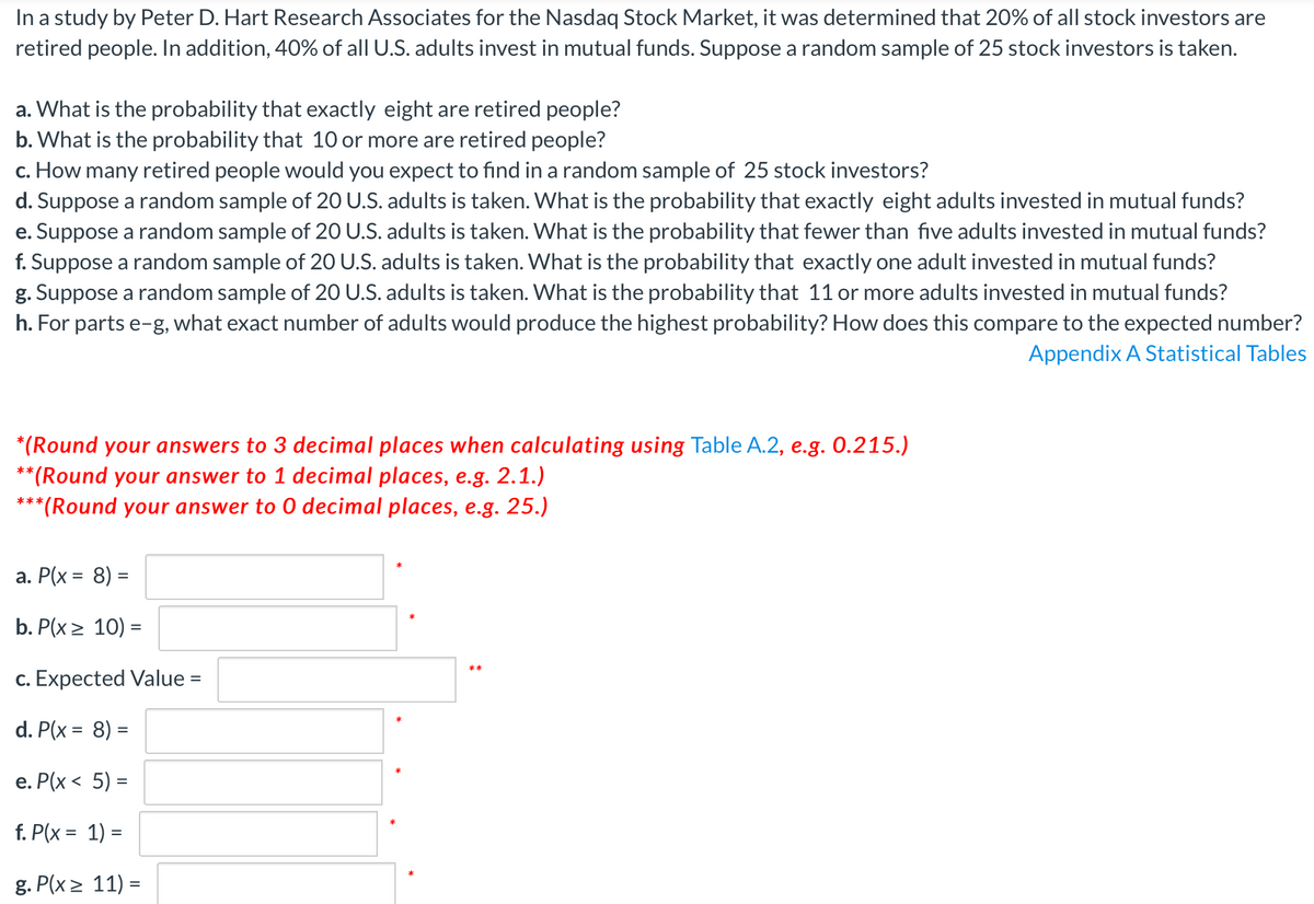 In a study by Peter D. Hart Research Associates for the Nasdaq Stock Market, it was determined that 20% of all stock investors are
retired people. In addition, 40% of all U.S. adults invest in mutual funds. Suppose a random sample of 25 stock investors is taken.
a. What is the probability that exactly eight are retired people?
b. What is the probability that 10 or more are retired people?
c. How many retired people would you expect to find in a random sample of 25 stock investors?
d. Suppose a random sample of 20 U.S. adults is taken. What is the probability that exactly eight adults invested in mutual funds?
e. Suppose a random sample of 20 U.S. adults is taken. What is the probability that fewer than five adults invested in mutual funds?
f. Suppose a random sample of 20 U.S. adults is taken. What is the probability that exactly one adult invested in mutual funds?
g. Suppose a random sample of 20 U.S. adults is taken. What is the probability that 11 or more adults invested in mutual funds?
h. For parts e-g, what exact number of adults would produce the highest probability? How does this compare to the expected number?
Appendix A Statistical Tables
*(Round your answers to 3 decimal places when calculating using Table A.2, e.g. 0.215.)
*(Round your answer to 1 decimal places, e.g. 2.1.)
**(Round your answer to 0 decimal places, e.g. 25.)
*
а. Р(x %3D 8) %3
b. P(x > 10) =
c. Expected Value =
d. P(x = 8) =
е. Р(х < 5) -
f. P(x = 1) =
%3D
g. P(x > 11) =
