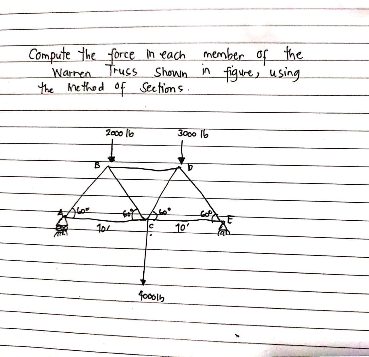 member the
Compute the force in veach
Warren Truss
the methed of Seetions.
of
Shown in figure, using
2000 lb
3000 Ib
10L
10'
40001b
