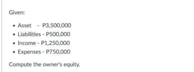 Given:
• Asset - P3,500,000
• Liabilities - P500,000
Income - P1,250,000
Expenses - P750,000
Compute the owner's equity.
