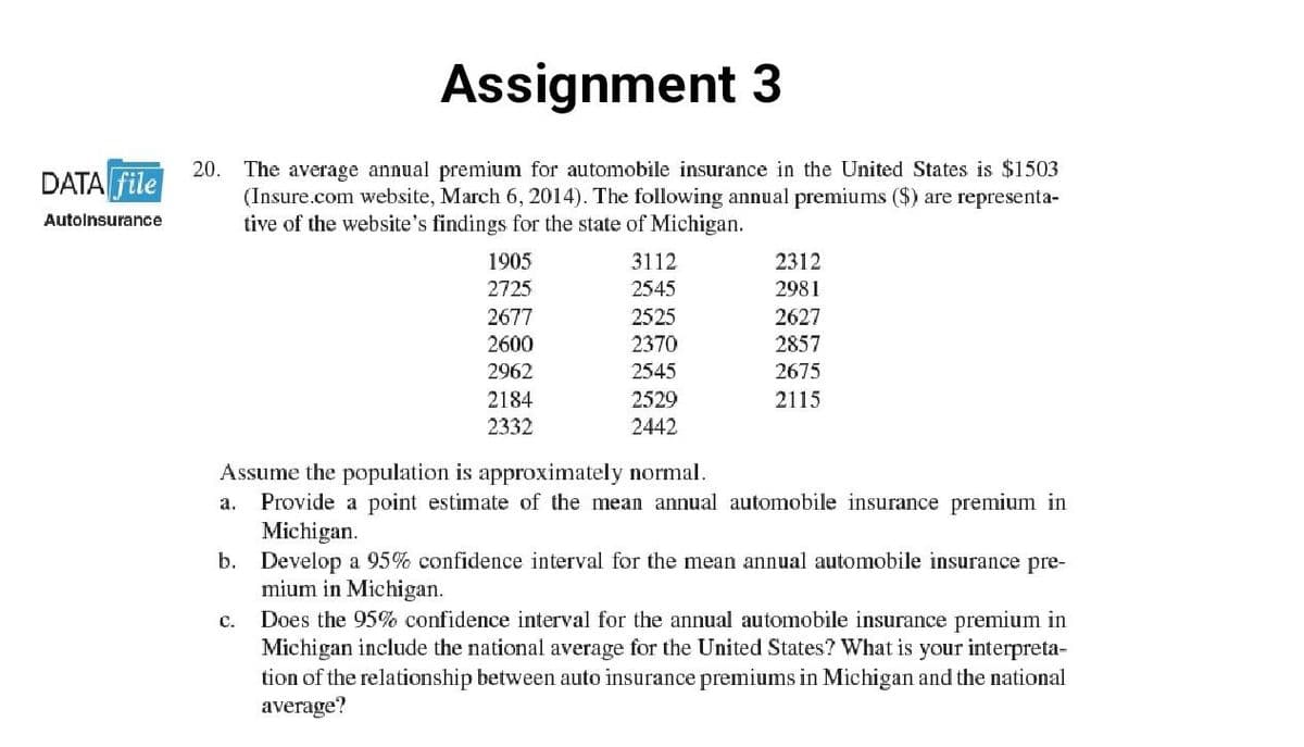 DATA file
Autoinsurance
20.
Assignment 3
The average annual premium for automobile insurance in the United States is $1503
(Insure.com website, March 6, 2014). The following annual premiums ($) are representa-
tive of the website's findings for the state of Michigan.
1905
2725
2677
2600
2962
2184
2332
3112
2545
2525
2370
2545
2529
2442
2312
2981
2627
2857
2675
2115
Assume the population is approximately normal.
a. Provide a point estimate of the mean annual automobile insurance premium in
Michigan.
b. Develop a 95% confidence interval for the mean annual automobile insurance pre-
mium in Michigan.
C. Does the 95% confidence interval for the annual automobile insurance premium in
Michigan include the national average for the United States? What is your interpreta-
tion of the relationship between auto insurance premiums in Michigan and the national
average?