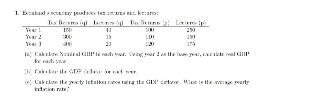 1. Econland's economy produces tax returns and lectures:
Tax Returns (q) Lectures (q) Tax Returns (p) Lectures (p)
Year 1
150
40
100
250
Year 2
300
15
110
150
Year 3
400
20
120
175
(a) Calculate Nominal GDP in each year. Using year 2 as the base year, calculate real GDP
for each year.
(b) Calculate the GDP deflator for each year.
(c) Calculate the yearly inflation rates using the GDP deflator. What is the average yearly
inflation rate?
