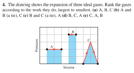4. The drawing shows the expansion of three ideal gases. Rank the gases
according to the work they do, largest to smallest. (a) A, B, C (b) A and
В (a tie), C (c) В and C (a tie), A (d) В, С, А (е) С, А, В
В
C
Volume
Pressure
