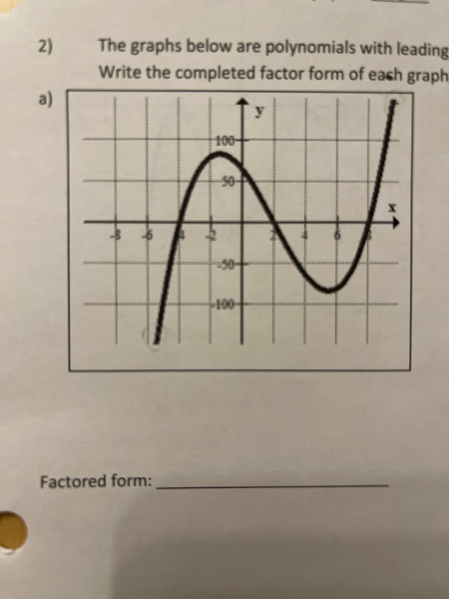 2)
a)
The graphs below are polynomials with leading
Write the completed factor form of each graph
y
100
50
N
-100-
Factored form: