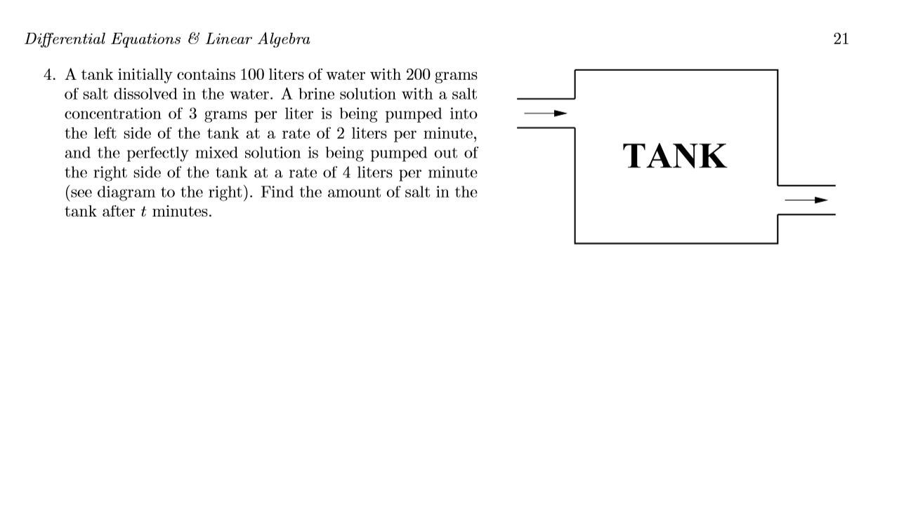 Differential Equations & Linear Algebra
21
4. A tank initially contains 100 liters of water with 200 grams
of salt dissolved in the water. A brine solution with a salt
concentration of 3 grams per liter is being pumped into
the left side of the tank at a rate of 2 liters per minute,
and the perfectly mixed solution is being pumped out of
the right side of the tank at a rate of 4 liters per minute
(see diagram to the right). Find the amount of salt in the
TANK
tank after t minutes.
