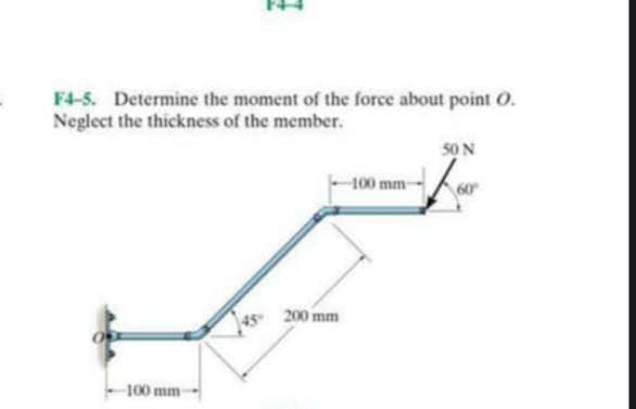 F4-5. Determine the moment of the force about point O.
Neglect the thickness of the member.
50 N
-100 mm
200 mm
-100 mm
