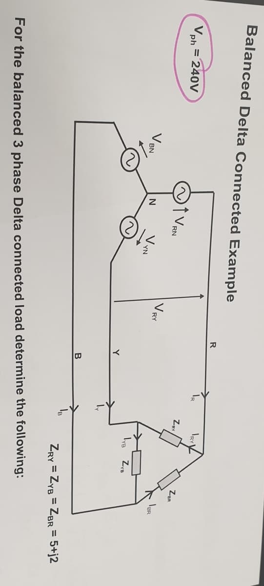 Balanced Delta Connected Example
IRY
Vph = 240V
ZRY
ZaR
RN
VRY
V.
BN
ZRY = ZYB = ZBR = 5+j2
%3D
For the balanced 3 phase Delta connected load determine the following:
