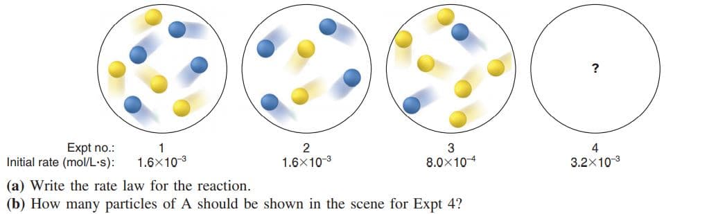 Expt no.:
Initial rate (mol/L•s):
1
2
4
1.6x10-3
1.6x10-3
8.0x104
3.2x10-3
(a) Write the rate law for the reaction.
(b) How many particles of A should be shown in the scene for Expt 4?
