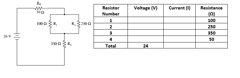 R4
Resistor
Voltage (V)
Current (1)
Resistance
502
Number
1
100
100ΩR
R2 3250 2
250
3
350
24 V
4
50
350 2 R,
Total
24
