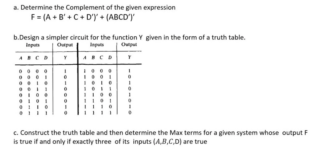 a. Determine the Complement of the given expression
F = (A + B' + C + D')' + (ABCD')'
b.Design a simpler circuit for the function Y given in the form of a truth table.
Inputs
Output
Inputs
Output
A
В с D
Y
A
в с D
Y
1
1
1
1
1
1
1
1
1
1
1
1
1
1
1
1
0 1
1
1
1
1
1
1
1
1
c. Construct the truth table and then determine the Max terms for a given system whose output F
is true if and only if exactly three of its inputs (A,B,C,D) are true
