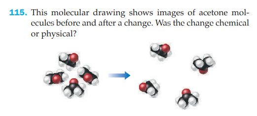115. This molecular drawing shows images of acetone mol-
ecules before and after a change. Was the change chemical
or physical?
