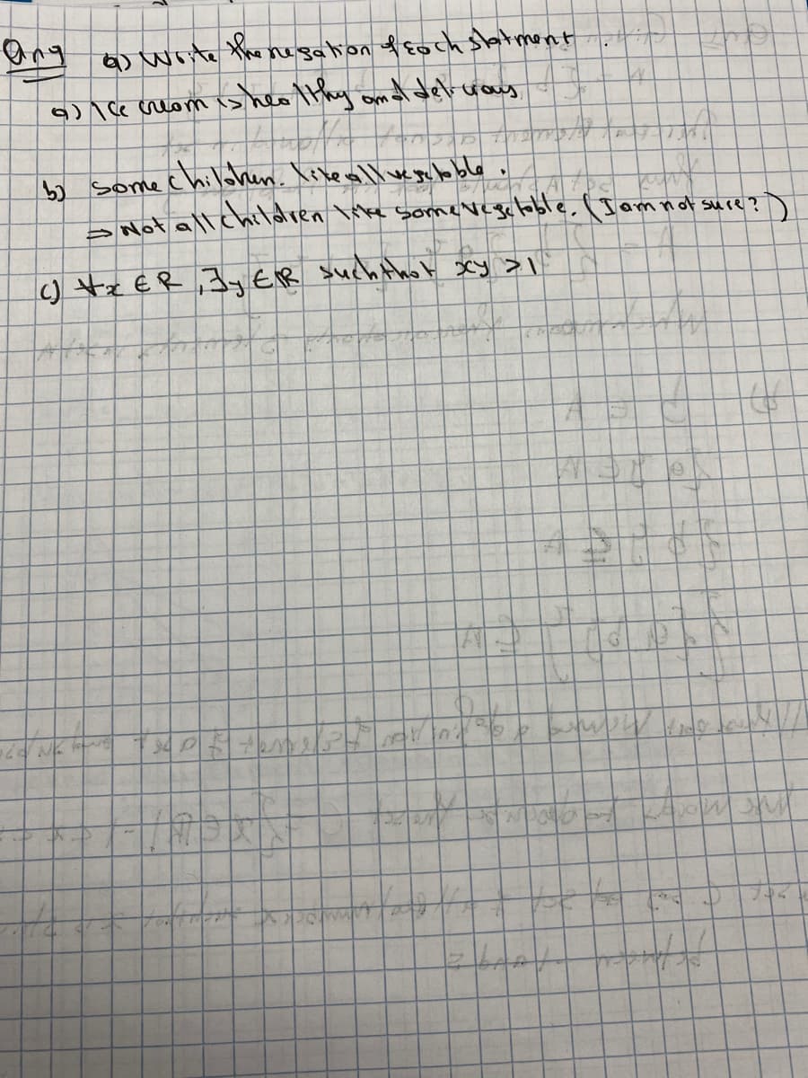 Ong
a) Wite the nugation feoch setment
a) \c« creom is heo thy omd delwoy
chilohen. Ishe ollvese bo ble
Not all children like someNegetoble. (Jam not sure?)
bo Some
c) tx ER ,Jy ER such thot xy >\
