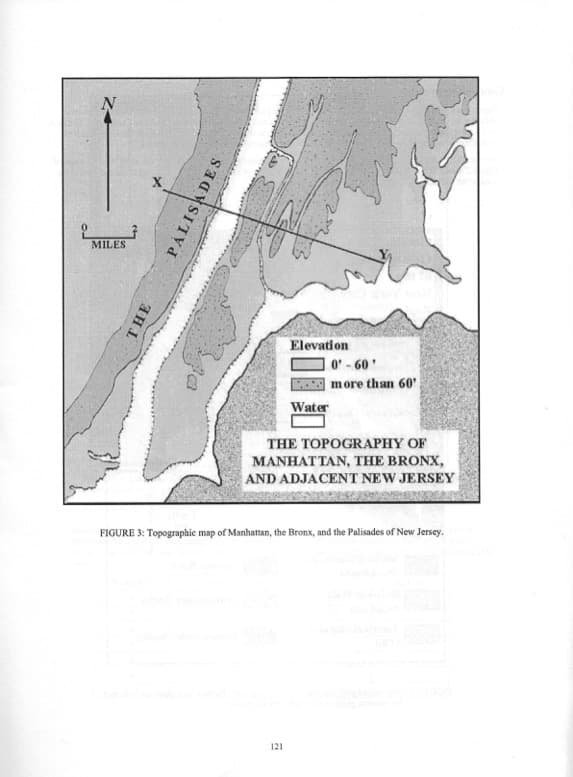 N
MILES
X
THE
PALISADES
Elevation
Water
121
0'-60'
more than 60'
THE TOPOGRAPHY OF
MANHATTAN, THE BRONX,
AND ADJACENT NEW JERSEY
FIGURE 3: Topographic map of Manhattan, the Bronx, and the Palisades of New Jersey.