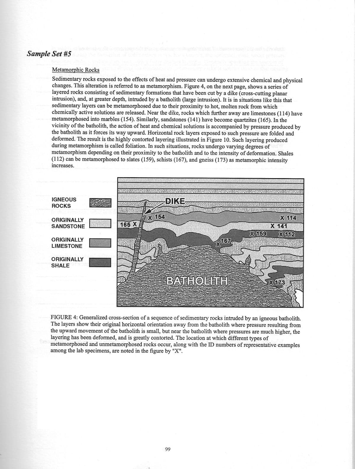 B
Sample Set #5
Metamorphic Rocks
Sedimentary rocks exposed to the effects of heat and pressure can undergo extensive chemical and physical
changes. This alteration is referred to as metamorphism. Figure 4, on the next page, shows a series of
layered rocks consisting of sedimentary formations that have been cut by a dike (cross-cutting planar
intrusion), and, at greater depth, intruded by a batholith (large intrusion). It is in situations like this that
sedimentary layers can be metamorphosed due to their proximity to hot, molten rock from which
chemically active solutions are released. Near the dike, rocks which further away are limestones (114) have
metamorphosed into marbles (154). Similarly, sandstones (141) have become quartzites (165). In the
vicinity of the batholith, the action of heat and chemical solutions is accompanied by pressure produced by
the batholith as it forces its way upward. Horizontal rock layers exposed to such pressure are folded and
deformed. The result is the highly contorted layering illustrated in Figure 10. Such layering produced
during metamorphism is called foliation. In such situations, rocks undergo varying degrees of
metamorphism depending on their proximity to the batholith and to the intensity of deformation. Shales
(112) can be metamorphosed to slates (159), schists (167), and gneiss (173) as metamorphic intensity
increases.
IGNEOUS
ROCKS
ORIGINALLY
SANDSTONE
ORIGINALLY
LIMESTONE
ORIGINALLY
SHALE
165 X
X 154
DIKE
167
X
BATHOLITH
99
X 159
X 114
X 141
X 112
X 173
FIGURE 4: Generalized cross-section of a sequence of sedimentary rocks intruded by an igneous batholith.
The layers show their original horizontal orientation away from the batholith where pressure resulting from
the upward movement of the batholith is small, but near the batholith where pressures are much higher, the
layering has been deformed, and is greatly contorted. The location at which different types of
metamorphosed and unmetamorphosed rocks occur, along with the ID numbers of representative examples
among the lab specimens, are noted in the figure by "X".