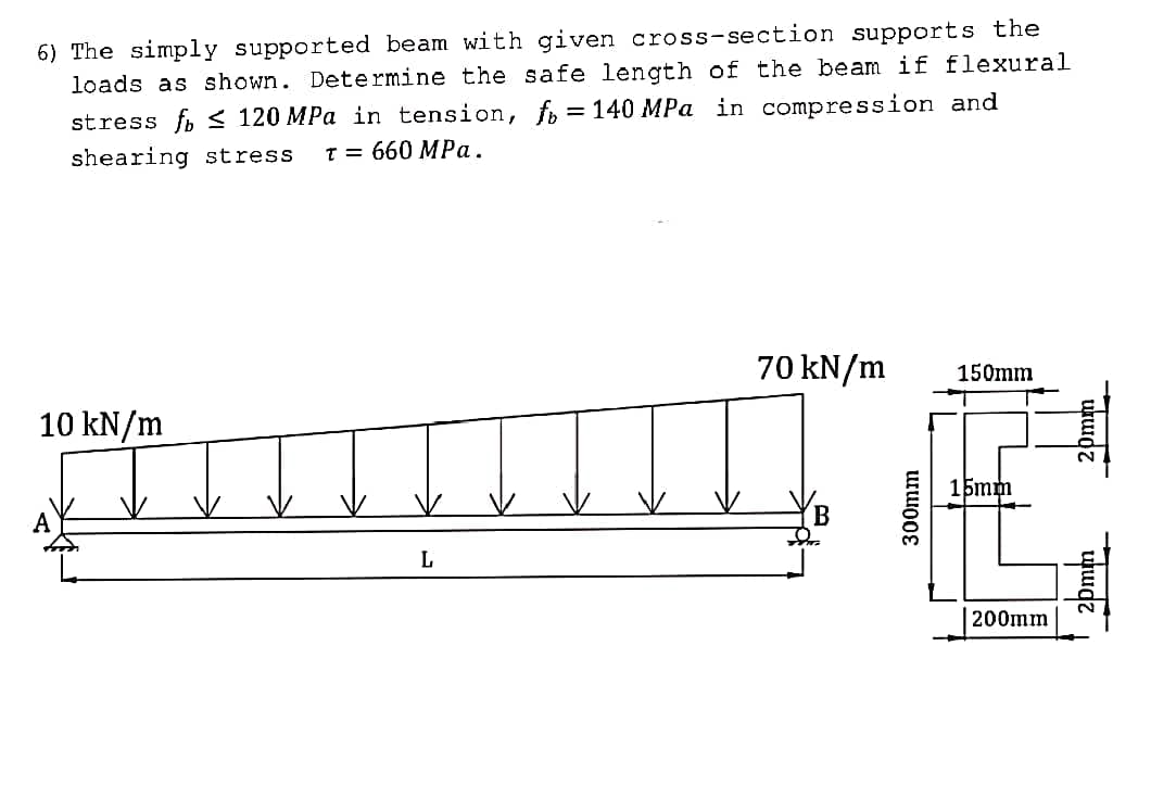 6) The simply supported beam with given cross-section supports the
loads as shown. Determine the safe length of the beam if flexural
stress fb ≤ 120 MPa in tension, f = 140 MPa in compression and
shearing stress T = 660 MPa.
70 kN/m
150mm
10 kN/m
15mm
L
300mm
200mm