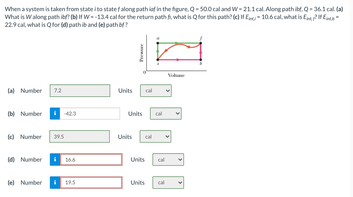 When a system is taken from state i to state falong path iaf in the figure, Q = 50.0 cal and W = 21.1 cal. Along path ibf, Q = 36.1 cal. (a)
What is W along path ibf? (b) If W = - 13.4 cal for the return path fi, what is Q for this path? (c) If Einti = 10.6 cal, what is Eint, f? If Eint.b =
22.9 cal, what is Q for (d) path ib and (e) path bf ?
%3D
a
Volume
(a) Number
7.2
Units
cal
(b) Number
i
-42.3
Units
cal
(c)
Number
39.5
Units
cal
(d) Number
i
16.6
Units
cal
(e) Number
i
19.5
Units
cal
>
>
Pressure
