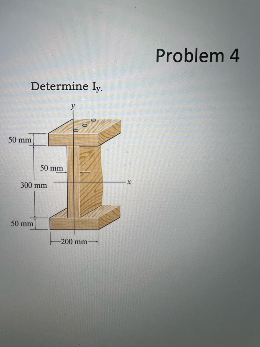 Determine Iy.
50 mm
50 mm
300 mm
50 mm
-200 mm
X
Problem 4