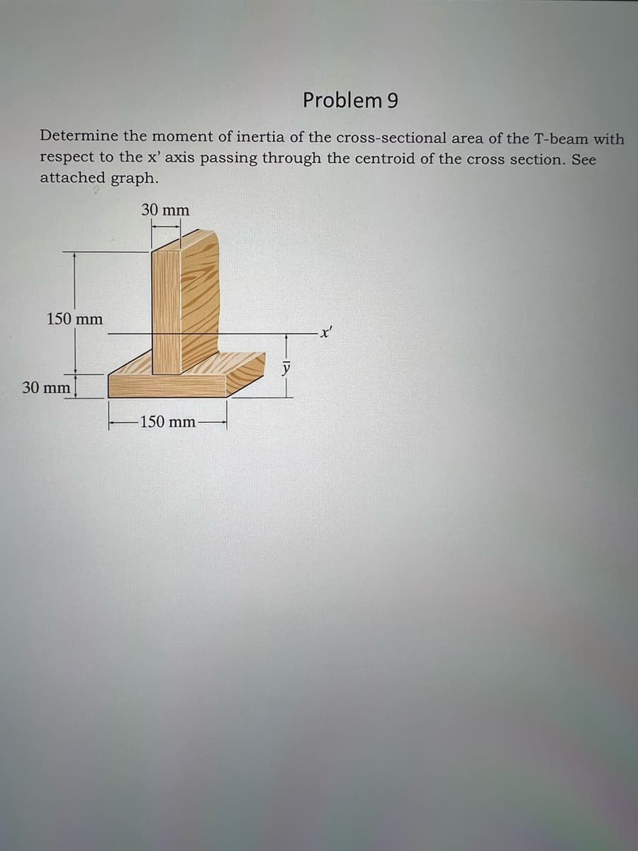 Problem 9
Determine the moment of inertia of the cross-sectional area of the T-beam with
respect to the x' axis passing through the centroid of the cross section. See
attached graph.
30 mm
150 mm
30 mm
150 mm.
x'