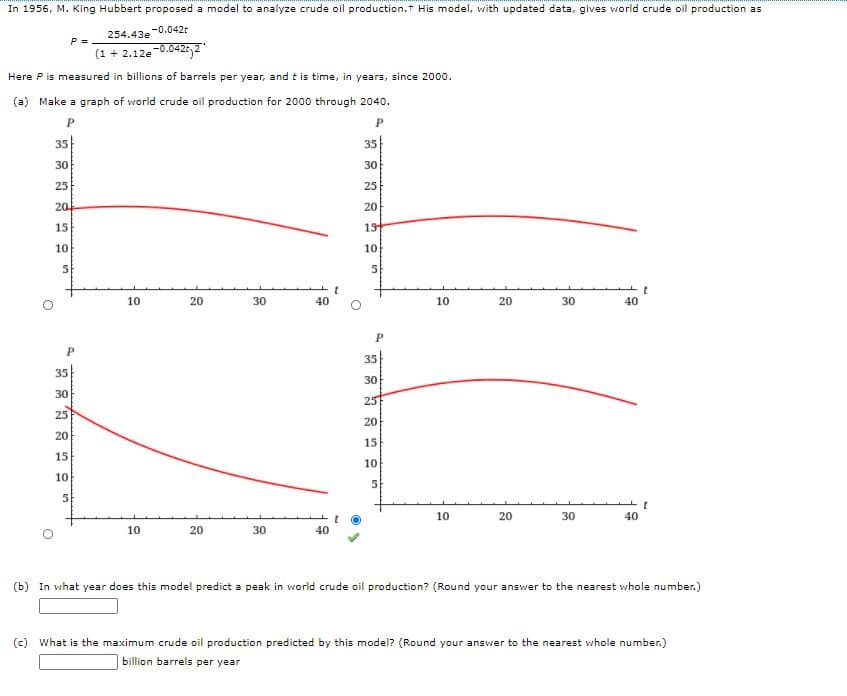 In 1956, M. King Hubbert proposed a model to analyze crude oil production.t His model, vwith updated data, gives world crude oil production as
254.43e -0.042r
P =
(1 + 2.12e-0.0427,2"
Here Pis measured in billions of barrels per year, and t is time, in years, since 2000.
(a) Make a graph of world crude oil production for 2000 through 2040.
35
35
30
30
25
25
20
20
15
19
10
10
5.
10
20
30
40
10
20
30
40
35
35
30
30
25
25
20
20
15
15
10
10
5
10
20
30
40
10
20
30
40
(b) In what year does this model predict a peak in world crude oil production? (Round your answer to the nearest whole number.)
(c) What is the maximum crude oil production predicted by this model? (Round your answer to the nearest whole number.)
billion barrels per year
