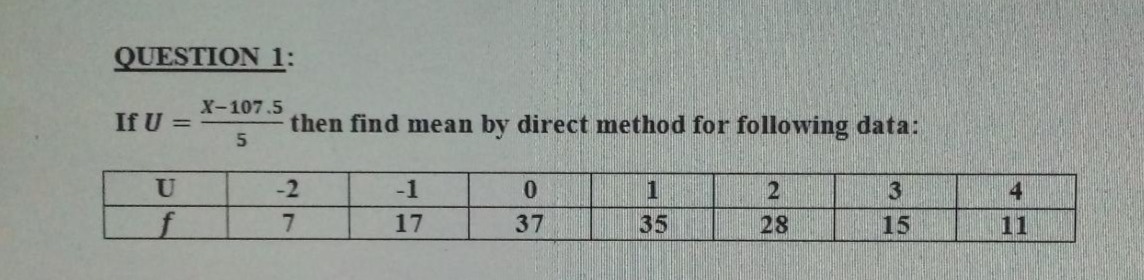 QUESTION 1:
X-107.5
If U =
then find mean by direct method for following data:
-2
-1
0.
1
4
17
37
35
28
15
11
