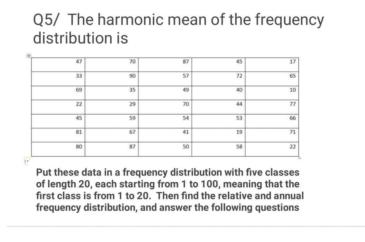 Q5/ The harmonic mean of the frequency
distribution is
47
70
87
45
17
33
90
57
72
65
69
35
49
40
10
22
29
70
44
77
45
59
54
53
66
81
67
41
19
71
80
87
50
58
22
Put these data in a frequency distribution with five classes
of length 20, each starting from 1 to 100, meaning that the
fırst class is from 1 to 20. Then find the relative and annual
frequency distribution, and answer the following questions
