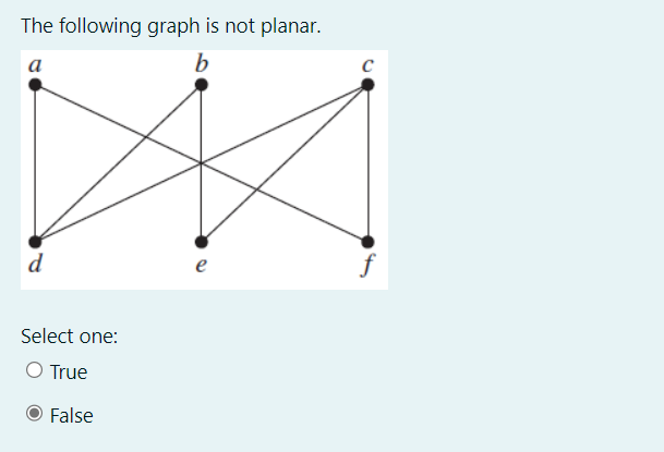 The following graph is not planar.
a
b
d
Select one:
O True
False
e
ro
с