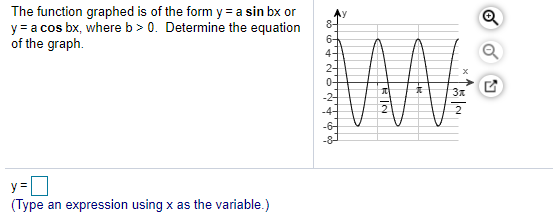 The function graphed is of the form y = a sin bx or
y = a cos bx, where b> 0. Determine the equation
of the graph.
6-
2-
0-
y =D
(Type an expression using x as the variable.)
