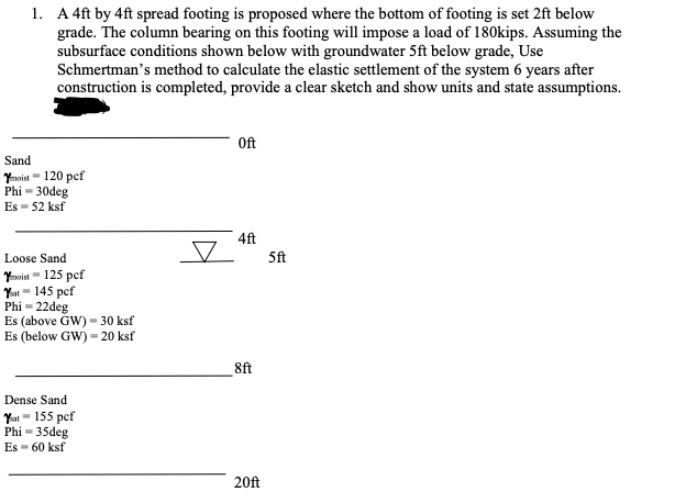 1. A 4ft by 4ft spread footing is proposed where the bottom of footing is set 2ft below
grade. The column bearing on this footing will impose a load of 180kips. Assuming the
subsurface conditions shown below with groundwater 5ft below grade, Use
Schmertman's method to calculate the elastic settlement of the system 6 years after
construction is completed, provide a clear sketch and show units and state assumptions.
Oft
Sand
Ymoist = 120 pcf
Phi - 30deg
Es = 52 ksf
4ft
Loose Sand
5ft
Ymoist - 125 pef
Yat = 145 pcf
Phi - 22deg
Es (above GW) = 30 ksf
Es (below GW) = 20 ksf
Dense Sand
Yat- 155 pef
Phi = 35deg
Es = 60 ksf
20ft
