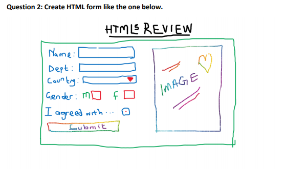 Question 2: Create HTML form like the one below.
HTMLE REVIEW
Name:
Dept:
Countay: F
Gender: MO f D
IMAGE
I agreed . O
with..
Lubmit
