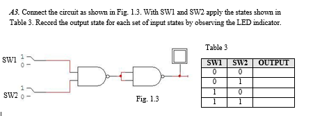 A3. Connect the circuit as shown in Fig. 1.3. With SW1 and SW2 apply the states shown in
Table 3. Record the output state for each set of input states by observing the LED indicator.
Table 3
swi
SWi
OUTPUT
1
SW2 o-
Fig. 1.3
1
1
