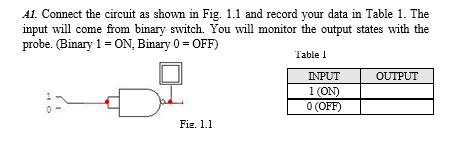 A1. Connect the circuit as shown in Fig. 1.1 and record your data in Table 1. The
input will come from binary switch. You will monitor the output states with the
probe. (Binary 1 = ON, Binary 0 = OFF)
Table I
INPUT
OUTPUT
1 (ON)
O (OFF)
Fiz. 1.1
