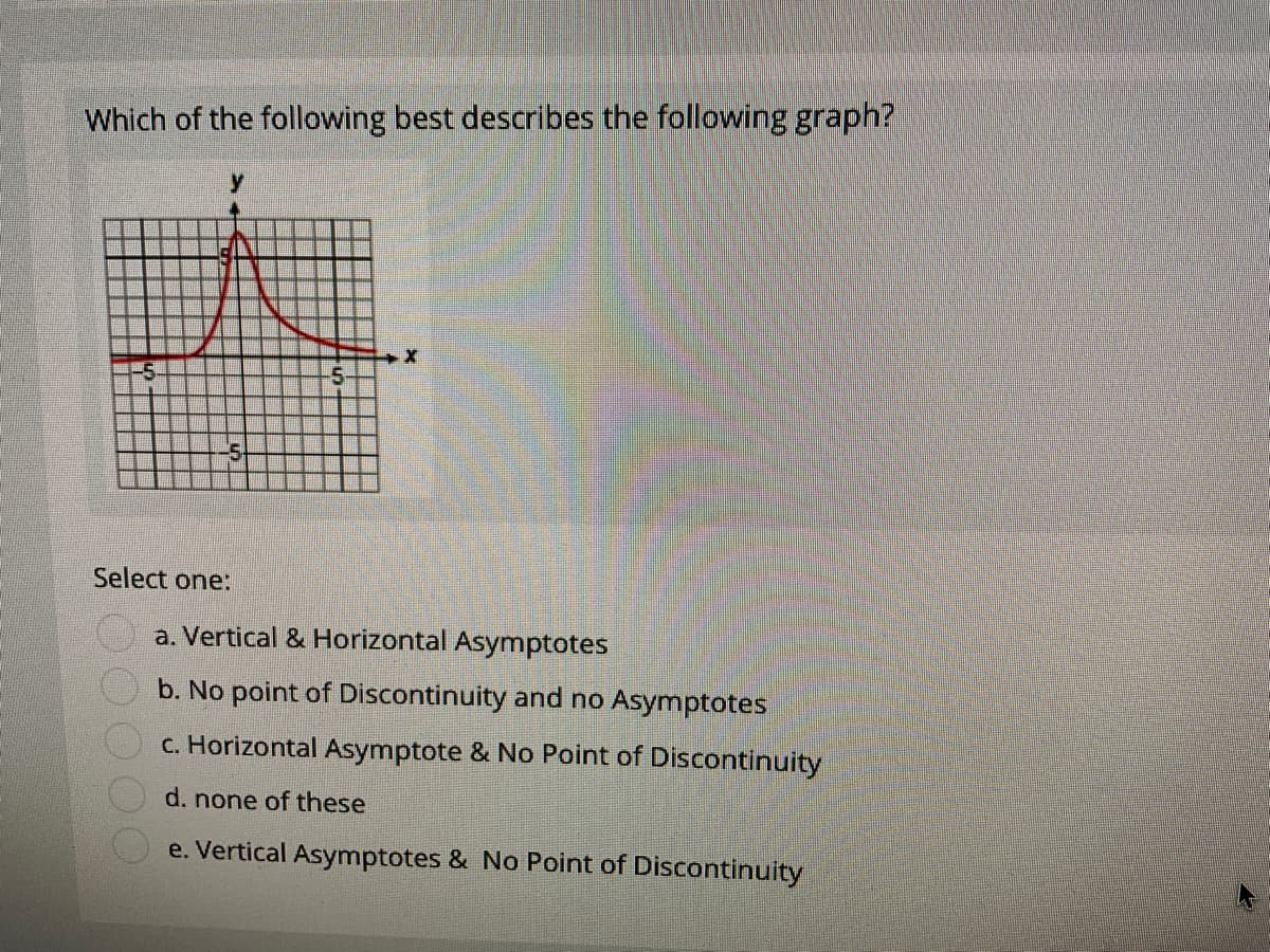 Which of the following best describes the following graph?
-5
Select one:
a. Vertical & Horizontal Asymptotes
b. No point of Discontinuity and no Asymptotes
c. Horizontal Asymptote & No Point of Discontinuity
d. none of these
e. Vertical Asymptotes & No Point of Discontinuity
O00
