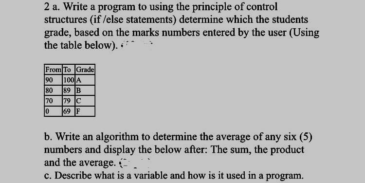 2 a. Write a program to using the principle of control
structures (if /else statements) determine which the students
grade, based on the marks numbers entered by the user (Using
the table below).
From To Grade
90 100 A
80 89 B
70 79 C
69 F
b. Write an algorithm to determine the average of any six (5)
numbers and display the below after: The sum, the product
and the average. -
c. Describe what is a variable and how is it used in a program.
