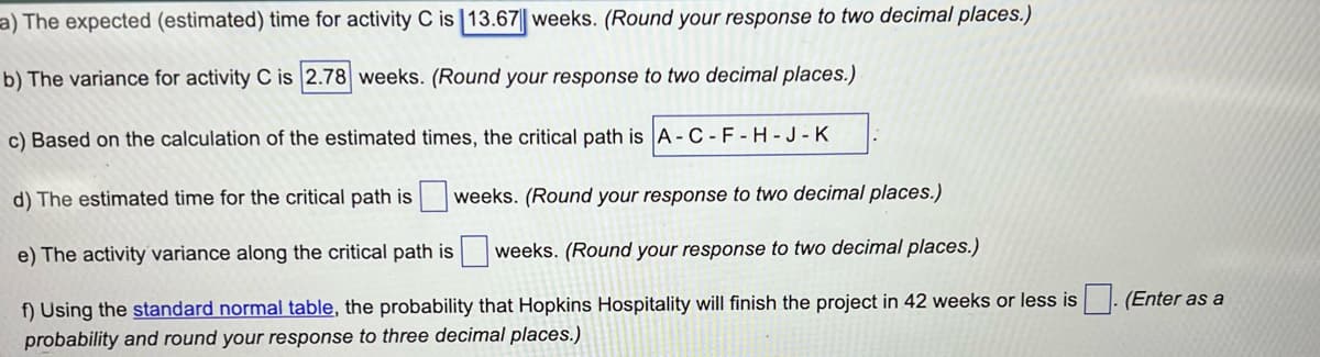 a) The expected (estimated) time for activity C is 13.67 weeks. (Round your response to two decimal places.)
b) The variance for activity C is 2.78 weeks. (Round your response to two decimal places.)
c) Based on the calculation of the estimated times, the critical path is A-C-F-H-J-K
d) The estimated time for the critical path is
e) The activity variance along the critical path is
weeks. (Round your response to two decimal places.)
weeks. (Round your response to two decimal places.)
f) Using the standard normal table, the probability that Hopkins Hospitality will finish the project in 42 weeks or less is
probability and round your response to three decimal places.)
(Enter as a