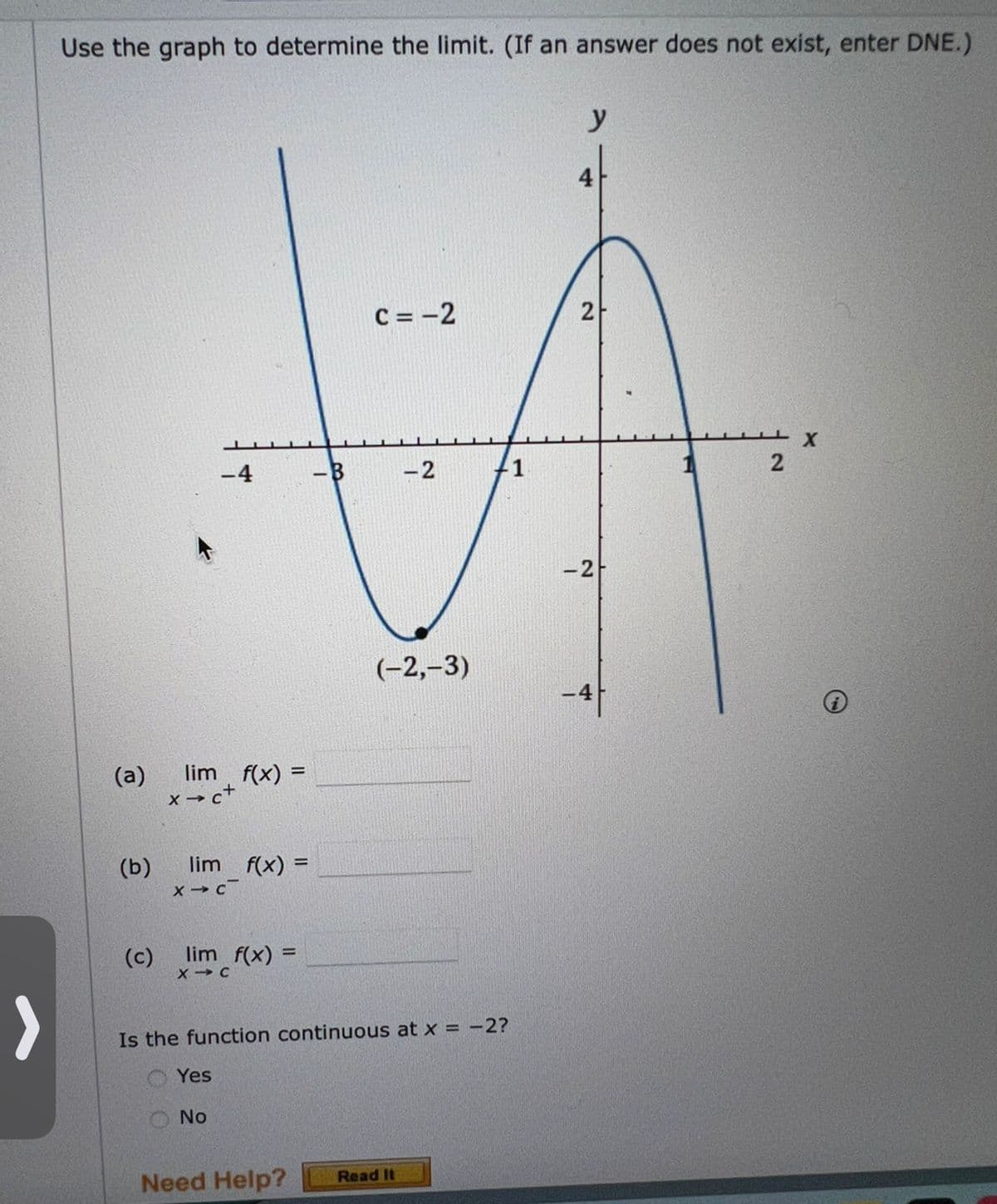 Use the graph to determine the limit. (If an answer does not exist, enter DNE.)
(a)
(c)
-4
lim f(x) =
x → c+
(b) lim f(x) =
X-C
lim f(x) =
X-C
Yes
No
-B
Need Help?
C = -2
Is the function continuous at x = -2?
-2
(-2,-3)
Read It
1
y
2
-2
-4|
2
X