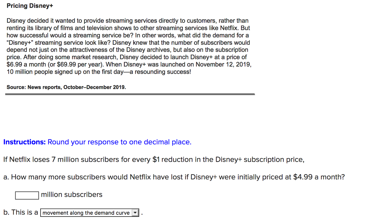 Pricing Disney+
Disney decided it wanted to provide streaming services directly to customers, rather than
renting its library of films and television shows to other streaming services like Netflix. But
how successful would a streaming service be? In other words, what did the demand for a
"Disney+" streaming service look like? Disney knew that the number of subscribers would
depend not just on the attractiveness of the Disney archives, but also on the subscription
price. After doing some market research, Disney decided to launch Disney+ at a price of
$6.99 a month (or $69.99 per year). When Disney+ was launched on November 12, 2019,
10 million people signed up on the first day-a resounding success!
Source: News reports, October-December 2019.
Instructions: Round your response to one decimal place.
If Netflix loses 7 million subscribers for every $1 reduction in the Disney+ subscription price,
a. How many more subscribers would Netflix have lost if Disney+ were initially priced at $4.99 a month?
million subscribers
b. This is a movement along the demand curve
