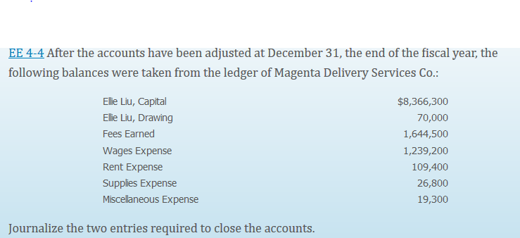 EE 4-4 After the accounts have been adjusted at December 31, the end of the fiscal year, the
following balances were taken from the ledger of Magenta Delivery Services Co.:
Ellie Liu, Capital
Ellie Liu, Drawing
$8,366,300
70,000
Fees Earned
1,644,500
Wages Expense
1,239,200
Rent Expense
109,400
Supplies Expense
26,800
Miscellaneous Expense
19,300
Journalize the two entries required to close the accounts.
