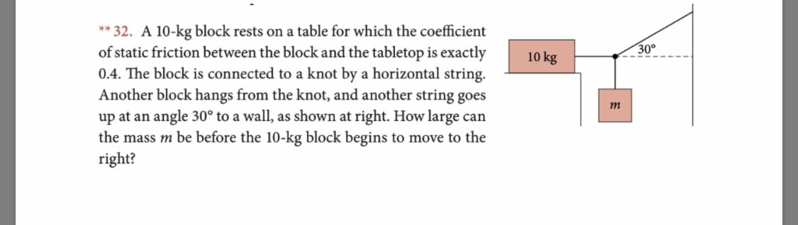 *32. A 10-kg block rests on a table for which the coefficient
of static friction between the block and the tabletop is exactly
0.4. The block is connected to a knot by a horizontal string.
Another block hangs from the knot, and another string goes
up at an angle 30° to a wall, as shown at right. How large can
the mass m be before the 10-kg block begins to move to the
right?
30°
10 kg
m
