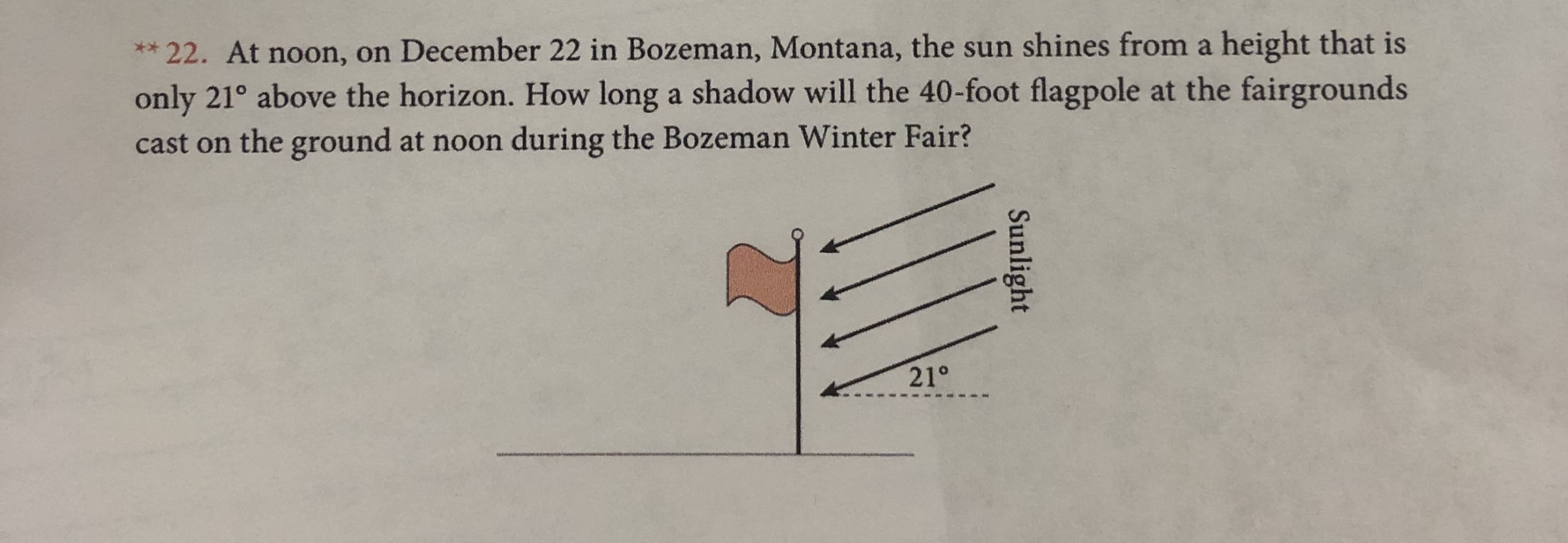 *22. At noon, on December 22 in Bozeman, Montana, the sun shines from a height that is
only 21° above the horizon. How long a shadow will the 40-foot flagpole at the fairgrounds
cast on the ground at noon during the Bozeman Winter Fair?
21°
Sunlight
