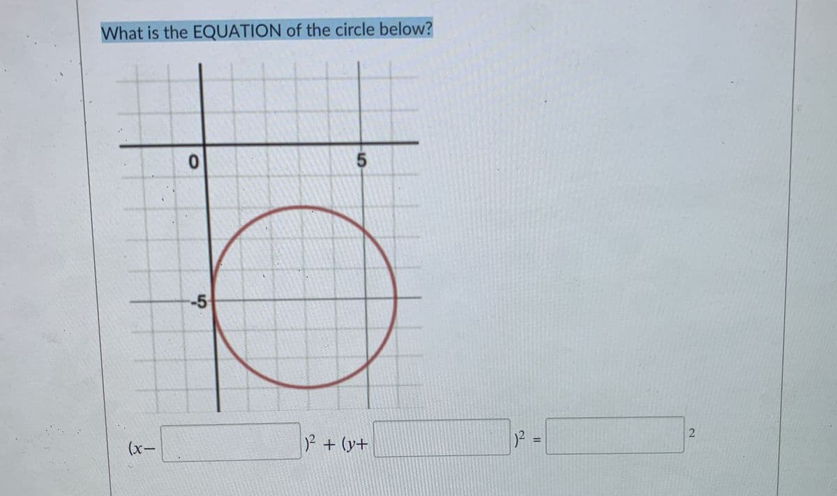 What is the EQUATION of the circle below?
5
-5
2 + (y+
1? =
%3D
(x-
2.
