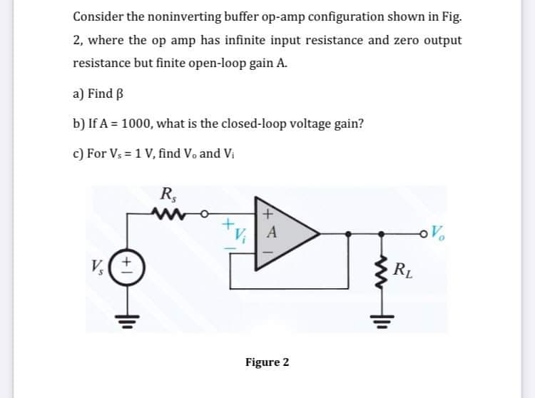 Consider the noninverting buffer op-amp configuration shown in Fig.
2, where the op amp has infinite input resistance and zero output
resistance but finite open-loop gain A.
a) Find B
b) If A = 1000, what is the closed-loop voltage gain?
c) For Vs = 1 V, find Vo and Vi
R,
+,
Vi
RL
Figure 2
