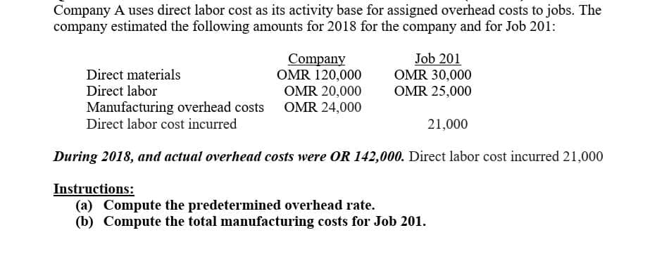 Company A uses direct labor cost as its activity base for assigned overhead costs to jobs. The
company estimated the following amounts for 2018 for the company and for Job 201:
Company
OMR 120,000
OMR 20,000
OMR 24,000
Job 201
OMR 30,000
OMR 25,000
Direct materials
Direct labor
Manufacturing overhead costs
Direct labor cost incurred
21,000
During 2018, and actual overhead costs were OR 142,000. Direct labor cost incurred 21,000
Instructions:
(a) Compute the predetermined overhead rate.
(b) Compute the total manufacturing costs for Job 201.
