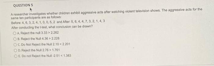 QUESTION 5
A researcher investigates whether children exhibit aggressive acts after watching violent television shows. The aggressive acts for the
same ten participants are as follows:
Before: 4, 6, 3, 2, 4, 1,0, 0, 5, 2 and After. 5, 6, 4, 4, 7, 3, 2, 1, 4, 3
After conducting the t-test, what conclusion can be drawn?
OA Reject the null3.33 > 2.262
O B. Reject the Null 4.36 > 2.228
OC. Do Not Reject the Null 2.10 < 2.201
OD. Reject the Null 2.76 > 1.761
O E. Do not Reject the Null -2.51 < 1.383
