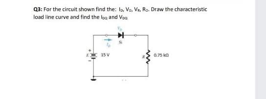 Q3: For the circuit shown find the: Io, Vo, Vn. Ro. Draw the characteristic
load line curve and find the Ioa and Voa
15 V
0.75 ko

