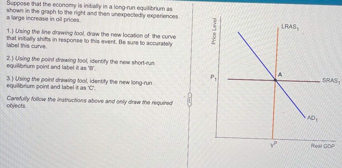 Suppose that the economy is initially in a long-run equilibrium as
shown in the graph to the right and then unexpectedly experiences
a large increase in oil prices.
1.) Using the line drawing tool, draw the new location of the curve
that initially shifts in response to this event. Be sure to accurately
label this curve.
2.) Using the point drawing tool, identify the new short-run
equilibrium point and label it as 'B'.
3.) Using the point drawing tool, identify the new long-run
equilibrium point and label it as 'C'.
Carefully follow the instructions above and only draw the required
objects.
Price Level
A
P1
to
LRAS₁
AD
Real GDP
SRAS₁