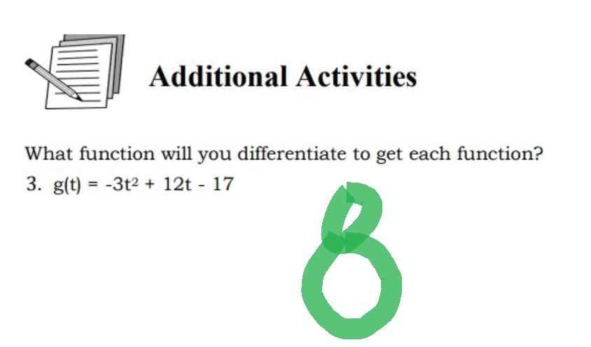 Additional Activities
What function will you differentiate to get each function?
3. g(t) = -3t2 + 12t - 17
8