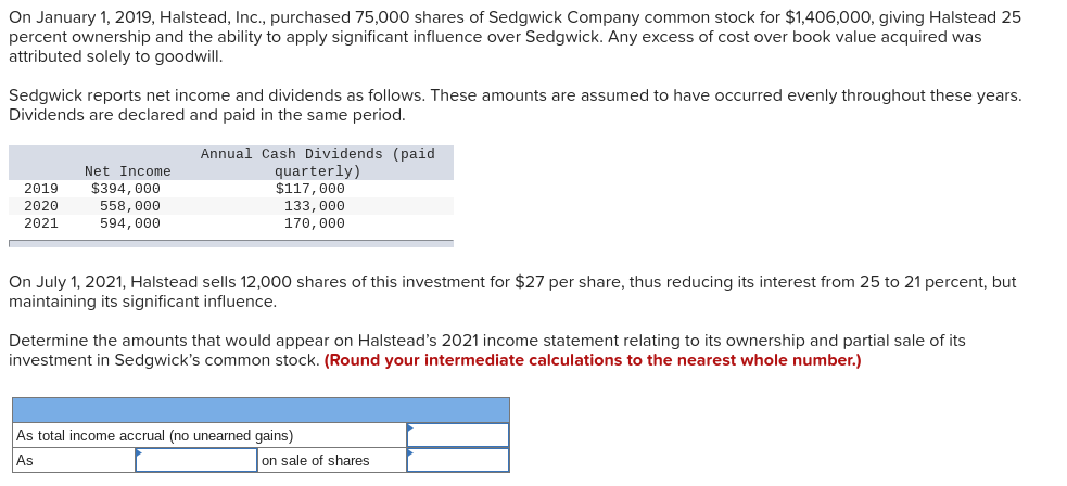 On January 1, 2019, Halstead, Inc., purchased 75,000 shares of Sedgwick Company common stock for $1,406,000, giving Halstead 25
percent ownership and the ability to apply significant influence over Sedgwick. Any excess of cost over book value acquired was
attributed solely to goodwill.
Sedgwick reports net income and dividends as follows. These amounts are assumed to have occurred evenly throughout these years.
Dividends are declared and paid in the same period.
2019
2020
2021
Net Income
$394, 000
558,000
594, 000
Annual Cash Dividends (paid
quarterly)
$117,000
133,000
170,000
On July 1, 2021, Halstead sells 12,000 shares of this investment for $27 per share, thus reducing its interest from 25 to 21 percent, but
maintaining its significant influence.
Determine the amounts that would appear on Halstead's 2021 income statement relating to its ownership and partial sale of its
investment in Sedgwick's common stock. (Round your intermediate calculations to the nearest whole number.)
As total income accrual (no unearned gains)
As
on sale of shares
