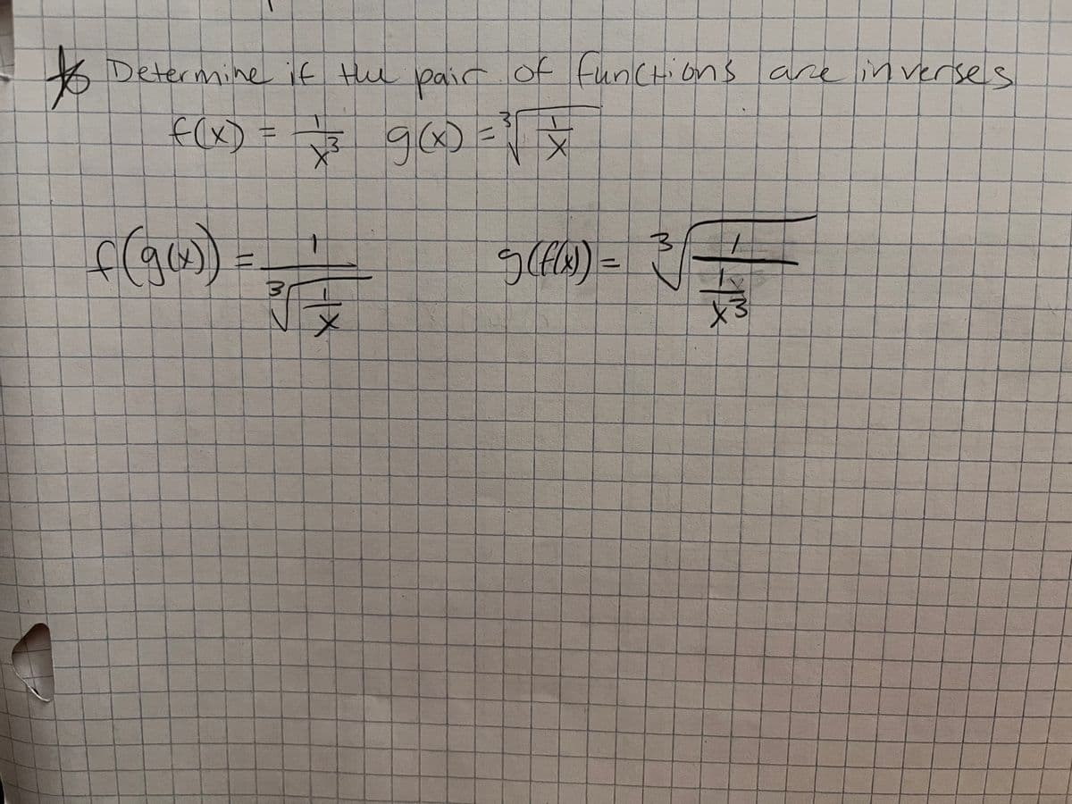 to
Determine if the pair of functions are inverses
f(x) = = = g(x)=√x
3
1
f(g(x))
=
3
1X
(f(x)) =
M
|--1²